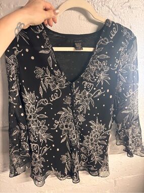 SilkLand Black Blouse with White Floral Print